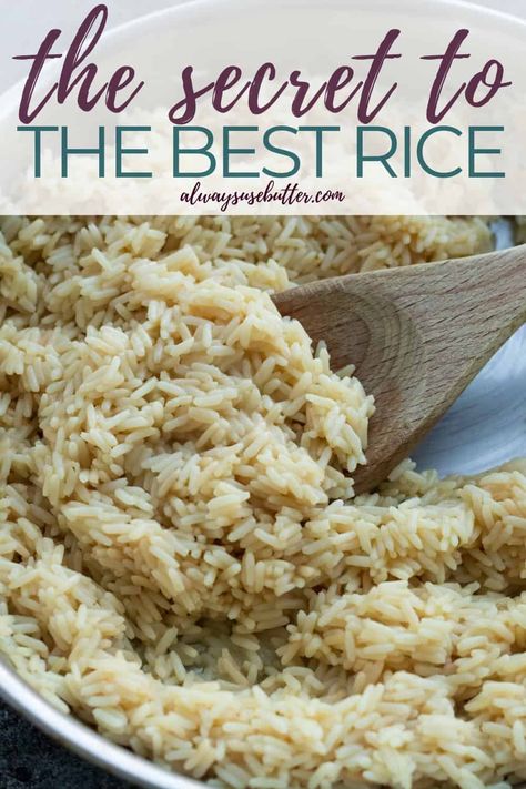 Just add 5 minutes and 2 ingredients to your regular rice cooking process, and have the best rice ever. Everyone loves this buttery rice that's loaded with so much flavor, and there's a vegan option included. Made with just rice (white rice or brown rice), butter or olive oil and chicken broth, vegetable broth or any other type of broth. A great side dish for fish and meat, amazing with stews and delicious with or without a sauce. Cooking Long Grain Rice On Stove, Long Grain Rice Recipes, Rice With Butter, Olive Oil Chicken, Vegetarian Side Dish Recipes, Best Rice Recipe, Chicken Flavored Rice, Buttery Rice, Side Dishes For Fish