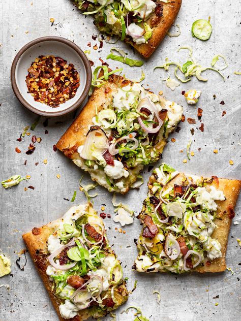 Brussels Sprouts and Ricotta Flatbread Pizza - Sandra Valvassori Pizza With Brussel Sprouts, Ricotta Flatbread, Pickled Brussel Sprouts, Fig Flatbread, Pepperoni Recipes, Ricotta Pizza, Flatbread Pizza Recipes, Shaved Brussel Sprouts, Flat Breads