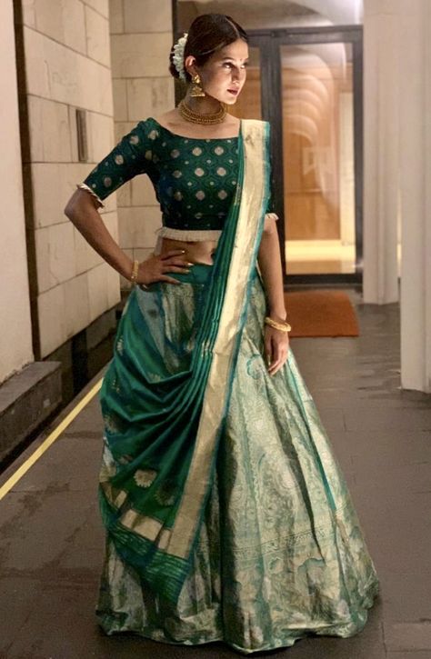 Jennifer Winget in Warp ‘n Weft Banarasi Teal Blue Khinkhwab Lehenga for Durga Puja in Kolkata Navratri Nights Tops Pattern, Banarasi Lehenga, Choli Dress, Saree Wearing Styles, Half Saree Lehenga, Banarasi Dupatta, Lehnga Dress, Designer Gown, Indian Bridal Lehenga