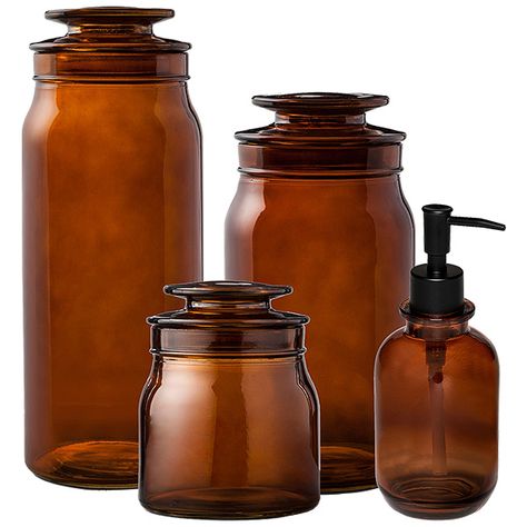 Amber Apothecary Jars, Apothecary Decor Bathroom, Amber Glass Bathroom, Vintage Townhouse, Amber Decor, Apothecary Containers, Apothecary Bathroom, Apothecary Jars Bathroom, Apothecary Jars Decor