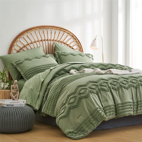 PRICES MAY VARY. [Unique Tufted Design]: Sage green comforter set features geometric textured pattern and tufted pom pom dots. The simple yet sophisticated design gives your room a nice update and boho modern chic look.Brighten up your home with calming and soothing vibe. [King Comforter Set]: You can get a 7-piece tufted comforter set king size with 1 comforter(102”x90”),1 flat sheet(108”x102”),1 fitted sheet(78”x80”+18”),2 pillow cases(20”x40”),2 pillow shams(20”x36”). The tufted comforter kin Tufted Comforter, Shabby Chic Comforter, Green Comforter Sets, Comforter Sets Boho, Boho Comforters, King Size Comforter Sets, Green Comforter, Complete Bedding Set, Blue Comforter Sets