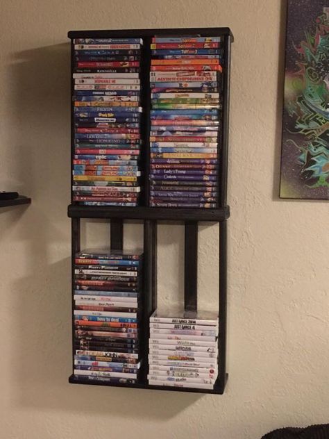 Media Organization, Dvd Storage Ideas, Gaming Shelf, Dvd Stand, Diy Dvd, Dvd Shelf, Video Game Storage, Dvd Holder, Dvd Rack