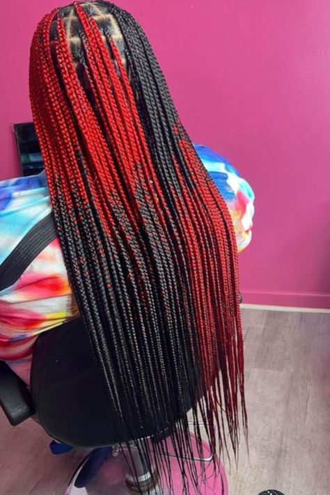 Black And Red Ombré Braids, Red Black Knotless Braids, Long Colored Knotless Braids, Braided Hairstyles Red And Black, Knotless Box Braids Red And Black, Red And Black Hair Braids, Braids Color Combination Ideas, Black And Red Knotless Braids, Long Knotless Box Braids With Color