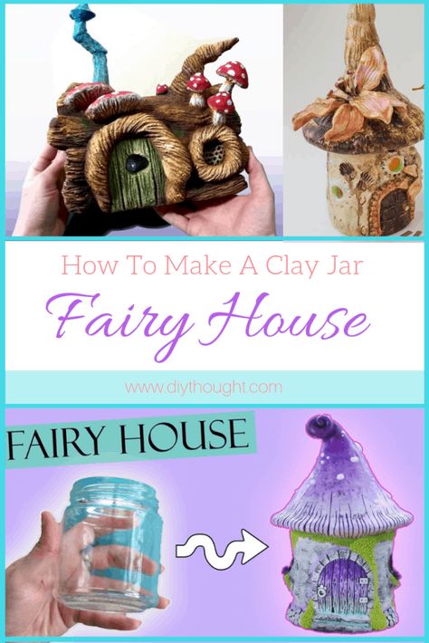 Polymer Fairy Houses, Air Dry Clay On Glass Jars, Clay Covered Jars, Fairy House Diy How To Make A, Jar Fairy House, Fairytale Crafts, Fairy House Crafts, Clay Fairy House, Polymer Clay Fairy