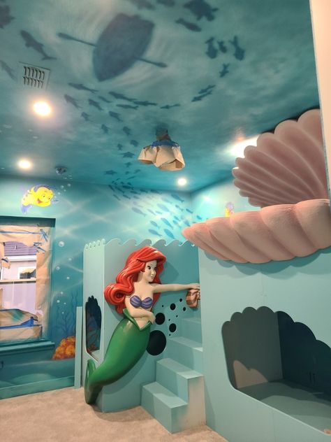 UPDATE! Mermaid Room
The Mermaid and Clam Shell are in place now. Both pieces and the entire room were sculpted and painted by are talented artists. Mermaid Nursery Theme, Mermaid Room Ideas Kids, Little Mermaid Nursery, Little Mermaid Bedroom, Mermaid Themed Bedroom, Mermaid Theme Room, Little Mermaid Bathroom, Little Mermaid Room, Princess Bedroom Decor