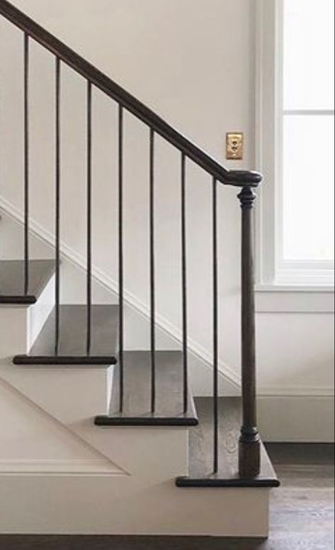 Stair Railing Traditional, Modern Traditional Stair Railing, Stair Metal Railing, Black Wood Railing, Iron Rod Staircase, Black Stair Handrail, Update Railing Stairways, Classic Stair Railing, Back Staircase Ideas