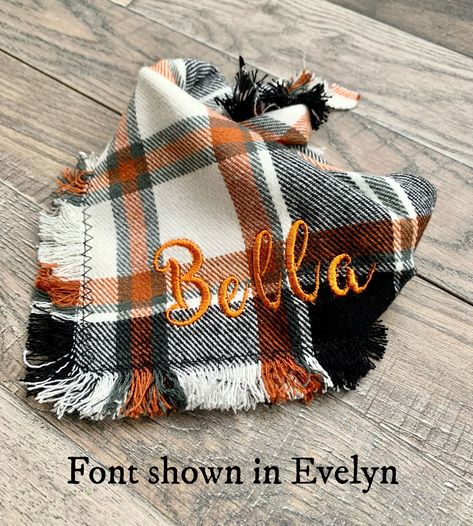 Fall Tartan Plaid Personalized Dog Bandana SOFT Tie On Accessory Frayed Fringe Embroidered Custom Name Burnt Orange Gray Cream Black Paracord Leash, Dog Bandana Diy, Bandanas Diy, Dog Accesories, Puppy Bandana, Plaid Dog Bandana, Leather Dog Leash, Girl Dog Collars, Dog Collar Bow Tie