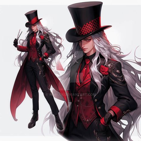 Ringmaster Art, Gambler Character Design, Victorian Hunter, Mad Hatter Cosplay, Ring Master, Cat Drawing Tutorial, Anime Demon Boy, Roleplay Characters, Black Clover Anime