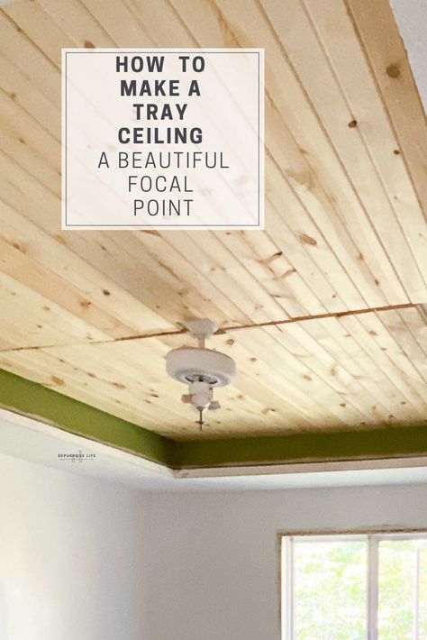 Looking for ideas to turn your tray ceiling into a focal point? By simply adding beams and carsiding, you can change the look of an entire bedroom, family room, kitchen, etc. Check out this post for a full DIY tutorial on how to turn your tray ceiling into a statement. Wallpaper Tray Ceiling, Modern Tray Ceiling, Tray Ceiling Ideas Bedroom, Wood Tray Ceiling, Accent Ceiling Ideas, Tray Ceiling Bedroom, Bedroom With Tray Ceiling, Tray Ceiling Ideas, Ceiling Pop