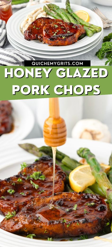 A graphic with two photos depicting honey glazed pork chops. Pork Chop Marinade Recipes, Honey Glazed Pork Chops, Pork Chop Sauce, Glazed Pork Chops Recipes, Honey Pork Chops, Pork Chop Marinade, Skillet Pork Chops, Honey Garlic Pork Chops, Bbq Pork Chops