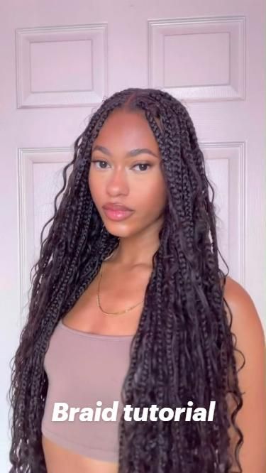 Knotless braids tutorial✨💝 Diy Goddess Braids Tutorials, Goddess Braids How To Do, Shmedium Knotless Boho Braids, Boho Braids Styles Ideas, How To Do Bohemian Knotless Braids, How To Make Bohemian Braids, How To Add Curly Hair For Boho Braids, Diy Boho Knotless Braids, Braids Summer 2024