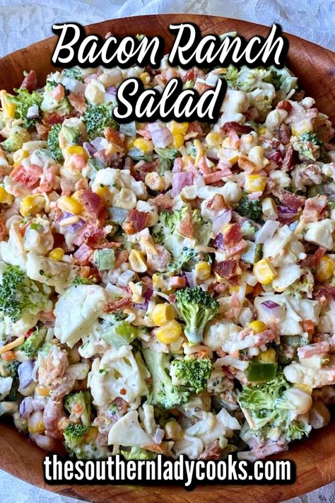 Bacon Ranch Chopped Salad recipe is easy and absolutely delicious. It’s made with broccoli and cauliflower and topped with a creamy ranch dressing. Perfect salad for any holiday or event anytime. Bacon Ranch Corn Salad, Bacon Ranch Broccoli Salad, Broccoli Ranch Salad, Bacon Ranch Chopped Salad, Salads To Go With Sandwiches, Cold Summer Salads Healthy, Pea Bacon Salad, 7 Layer Salad With Ranch Dressing, Lettuce Salads For Lunch