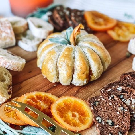 Pumpkin Shaped Brie Appetizer, Wrapped Baked Brie, Pumpkin Shaped Puff Pastry, Pumpkin Shaped Brie, Puff Pastry Brie Pumpkin, Baked Brie With Pumpkin Butter, Crescent Wrapped Brie, Baked Brie Board, Pumpkin Shaped Charcuterie Board