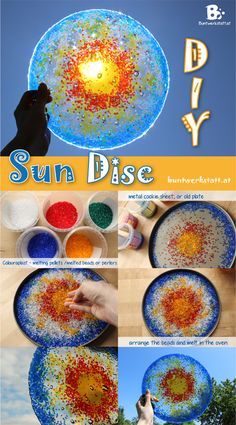 DIY Sun Disc – melted beads craft Put your plate in the oven and set it to 374°F or 190°C and let your beads melt. You should have melted beads in 20 – 30 minutes. Just keep checking the oven from time to time. And yes, it will smell a little funny! Colouraplast is non toxic, but I recommend to open the windows nonetheless. Little trick: Put a glass with some water and vinegar in the oven while your beads are melting. It will absorb most of the smell. Melted Pony Beads, Melted Bead Crafts, Melted Beads, Diy Suncatchers, Pony Bead Crafts, Melting Beads, Color Crafts, Tutorial Diy, Pony Beads