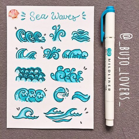 ᗷᑌᒍO & ᗩᖇT IᑎᔕᑭIᖇᗩTIOᑎ on Instagram: “Wave doodle ideas🌊 Which one do you like the most? • Follow @_bujo_lovers_ for more BuJo and art inspirations🎨💕 • #bujoinspire #stationery…” Waves Doodle Simple, Wave Doodle, Bullet Journel, Bulletin Journal Ideas, Doodle Ideas, Notes Art, Bullet Journal Aesthetic, Art Journal Therapy, Bullet Journal Diy