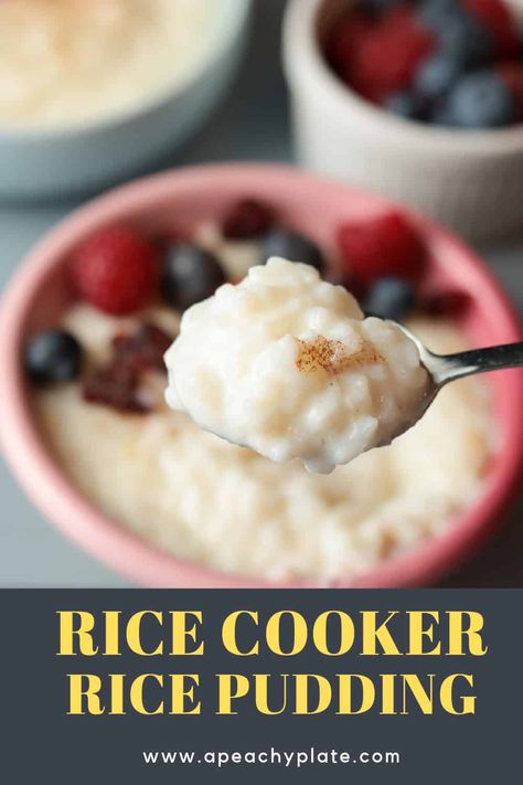 This smooth, sweet and comforting rice pudding is made in the rice cooker for effortless cooking! Made with just 4 simple ingredients: rice, milk, sugar and salt! Enjoy it for breakfast, dessert or snack time with your favorite toppings! Get the recipe on www.apeachyplate.com Rice Cooker Recipes Dessert, Rice Cooker Rice Pudding, Rice Maker Recipes, Rice Pudding Recipe Easy, Vegan Rice Pudding, Rice Cooker Rice, Homemade Rice Pudding, Brown Rice Pudding, Zojirushi Rice Cooker