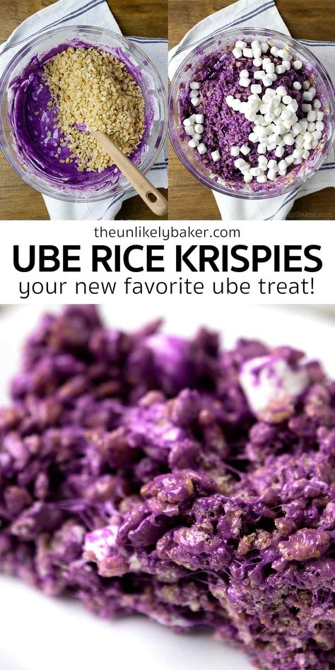 Purple Sweet Treats, Ube Marshmallows, Ube Rice Crispy Treats, Purple Food Recipes, Purple Snacks For Color Party, Rice Krispie Desserts, Ube Powder Recipes, Purple Food Ideas Snacks, Easy Filipino Desserts