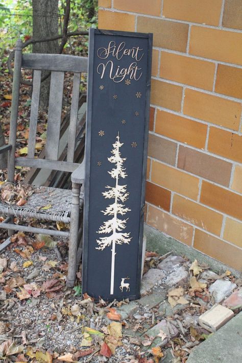 Silent Night Winter Pine Snowflakes Reindeer Large Sign Wood - Etsy Christmas Barnwood Signs, Christmas Leaning Boards, Wood Christmas Signs For Porch, Porch Leaner Sign Diy Christmas, Winter Porch Signs Diy, Hello Winter Sign, Christmas Porch Signs Wood, Diy Christmas Porch Signs, Christmas Wood Signs Diy