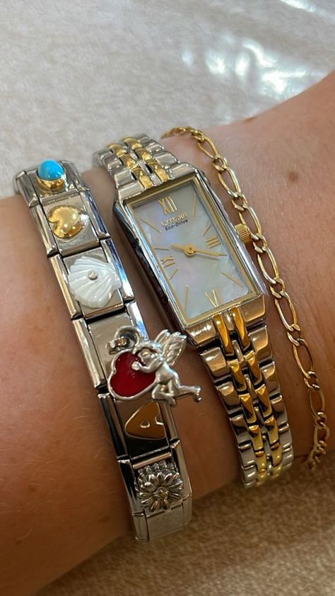 mixing metals & permanent bracelets are IN for 2024 Vintage Bracelet Stack, Mix Metal Rings, Mixed Metal Jewelry Stack, Mixed Metal Bracelet Stack, Mix Metal Jewelry, Mixed Metals Jewelry Style, Permanent Bracelet, Xoxo Jewelry, Bracelets Stack