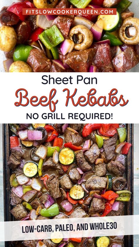 Sheet Pan Beef Kebabs are a quick, healthy, and flavorful meal that's ready in under 30 minutes, with no grill required. Skip the skewers and enjoy tender beef paired with colorful veggies like bell peppers, red onion, mushrooms, and zucchini. Perfect for busy weeknights, this low-carb, paleo, and Whole30-friendly recipe is a crowd-pleaser everyone will love. Save this easy one-pan dinner idea for a hassle-free way to enjoy kebabs any time!