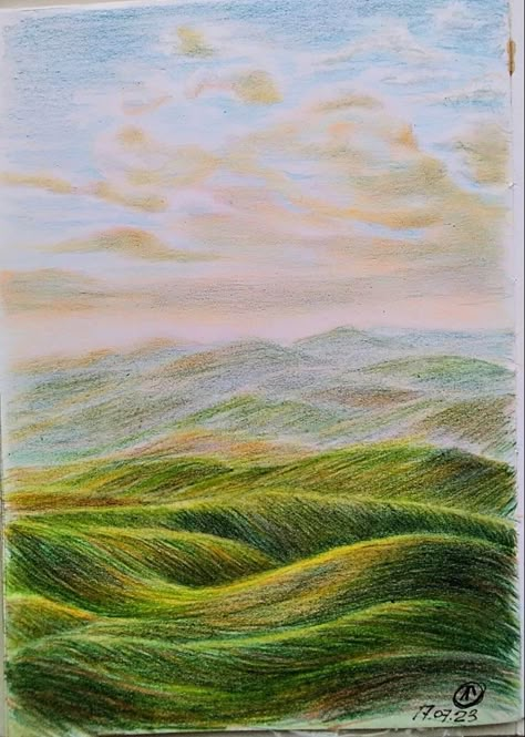 Colour Pencil Art Landscapes, Pencil Colour Painting, Color Pencil Sketch, Color Pencil Illustration, Colored Pencil Artwork, Pencil Painting, Crayon Art, Landscape Drawings, Landscape Illustration