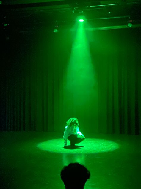 Green lights show aesthetic dance performance concert stage Green Stage Lighting, Radium Girls Aesthetic, Dance Show Aesthetic, Stage Lights Aesthetic, Drama Performance, Green Runway, Green Hour, Stage Spotlights, Scrapbook Aesthetic