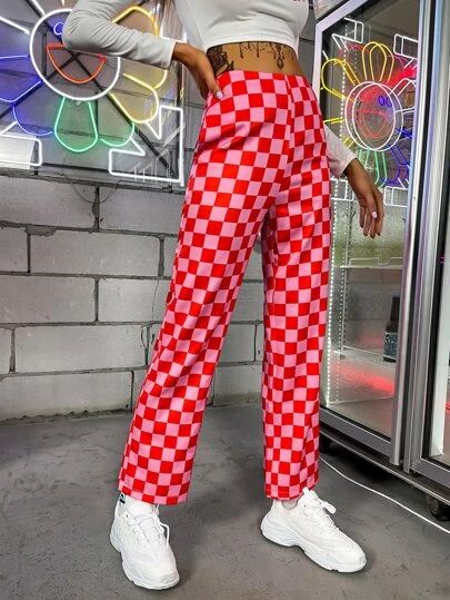 Checkered Pants, Women Bottoms, Checker Print, Halloween Costumes For Girls, Women Pants, Straight Leg Trousers, Halloween Girl, Shein Style, Straight Leg Pants