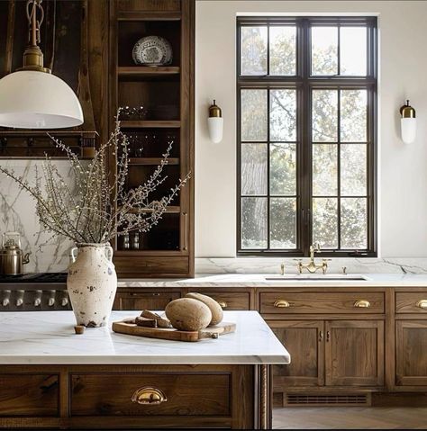 Walnut Stained Cabinets, European Kitchen Design, Stained Cabinets, Stained Kitchen Cabinets, Arch Digest, Black Countertops, Staining Cabinets, Beautiful Kitchen Designs, Brown Cabinets