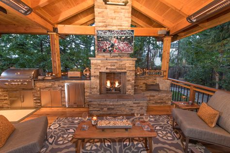 20 Gazebos in Outdoor Living Spaces - Paradise Restored Landscaping Outdoor Pavillion, Outdoor Living Space Design, Outdoor Fireplace Designs, Backyard Fireplace, Backyard Pavilion, Outdoor Living Rooms, Outdoor Entertaining Spaces, Outdoor Gazebos, Outside Living