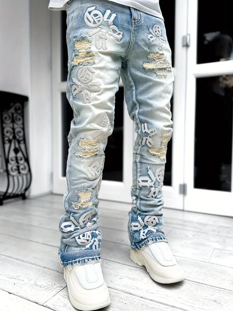 Temu Denim Retro, Ripped Denim Pants, Ripped Pants, Pants Gift, Stretch Denim Fabric, Street Fashion Men Streetwear, Patchwork Jeans, Jeans Casual, Styl Retro