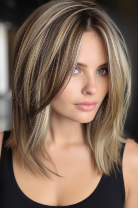 Choose a bold and modern hairstyle with chunky highlights and a dark root effect. Dark roots make chunky highlights clearly visible in them, which look bold and trendy. Click here to check out more best blonde hair with dark root ideas to try this year. Light Beige Highlights, Blonde Highlights On Dark, Bold Blonde Highlights On Dark Hair, Best Highlights For Blonde Hair, Medium Modern Haircut, Hilites On Dark Brown Hair, Women Hair Color Ideas Highlights, Shadow Roots Hair Brunette To Blonde, Blonde Hair With Dark Blonde Lowlights