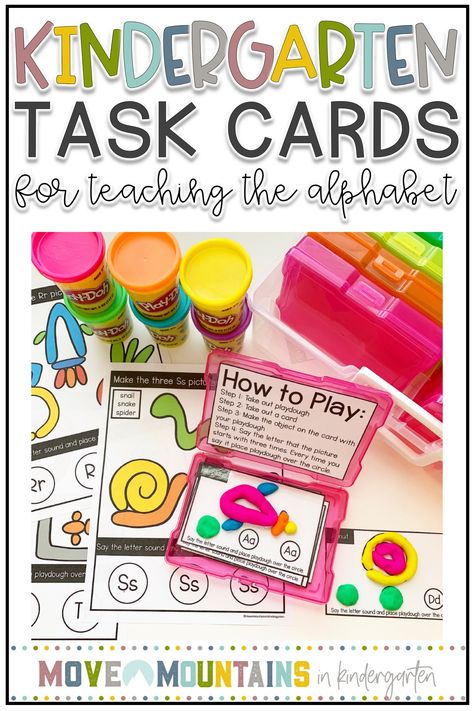 Alphabet Worksheets and Task Cards | Move Mountains in Kindergarten Ikea Classroom Hacks, Ikea Classroom, Task Cards Kindergarten, Classroom Hacks, Literacy Centers Kindergarten, Whole Brain Teaching, Playdough Mats, Kindergarten Games, Task Boxes