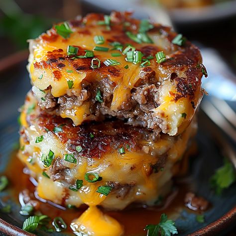 How to Make Cheesy Beef Stuffed Potato Cakes Cheesy Stuffed Potato Cakes, Cheesy Beef Stuffed Potato Cakes, Cheese Stuffed Potato Cakes, Stuffed Potato Cakes, Cheesy Bacon Potatoes, Camping Foods, Potato Stacks, Stuffed Potato, Stuffed Potatoes