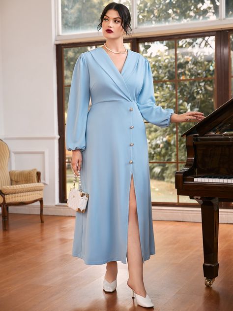 Baby Blue Elegant  Long Sleeve Polyester Plain A Line  Non-Stretch Spring Plus Size Dresses Engagement Dress Plus Size, Latest Sleeve Design, Classy Dress Plus Size, Satin Dresses Hijab Plus Size, Plus Size Blue Dress, Satin Dress Plus Size, Blazer Dress Plus Size, Light Blue Long Sleeve Dress With Buttons, Baby Blue Dress Outfit