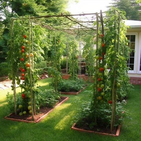 Trellis Tomatoes Raised Beds, Garden Beds Design Layout, Tall Tomato Support, Tomato Structure, Tomato Fence, Tomato Support Ideas, Tomato Garden Ideas, Melon Trellis, Watermelon Trellis