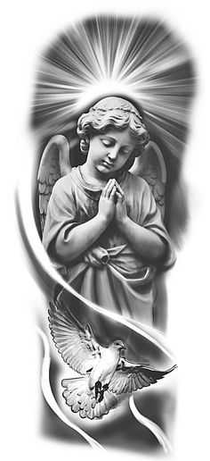 Angel In The Clouds Tattoo, Black And Grey Angel Tattoos, Cherub Sleeve Tattoo, Engel Tattoo Design, Praying Angel Tattoo Designs, Angel With Wings Tattoo, Angel Praying Tattoo, Angel Tattoo For Men, Guardian Angel Tattoo For Men