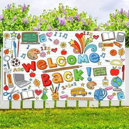 LARGE WELCOME BACK BANNER -- Size:44" x 71".The welcome back to school banner would be a lovely banner for first day of school party or back to school party. GOOD QUALITY -- Made of quality fabric cloth, the welcome back to school banner is sturdy to be reused again. It is a complete kindergarten banner for welcome school decorations. EASY TO USE -- 4 holes in the four corners for easy hanging, ribbons include for hanging. WIDELY USED -- The back to school banner is suitable for classrooms, offi School Welcome Back Ideas, Welcome Back Party Ideas, Back To School Signs 1st Day, First Day Of School Backdrop, First Day Of School Party, Welcome Back To School Banner, Welcome Back Party, Pta Board, School Backdrop