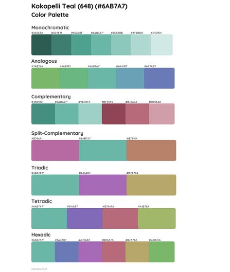 Kokopelli Teal (648) Color Scheme Palettes Jade Color Palette, Draw A Hexagon, Pantone Color Guide, Color Generator, Analogous Color Scheme, Rgb Color Codes, Split Complementary Colors, Rgb Color Wheel, Monochromatic Color Palette