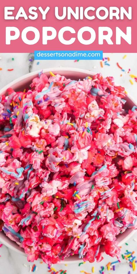 Unicorn Popcorn is a fun and colorful recipe. The sweet and salty blend of popcorn and sprinkles with candy melts is delicious. It is a fabulous and delicious blend of popcorn, candy melts and rainbow sprinkles. The combination is so pretty and makes a great treat for a Unicorn themed party. #dessertsonadime #unicornpopcorn #unicorntreats Candy Melts Recipe, Candy Popcorn Recipe, Marshmallow Drink, Unicorn Popcorn, Flavored Popcorn Recipes, Rainbow Popcorn, Marshmallow Desserts, Popcorn Candy, Unicorn Desserts