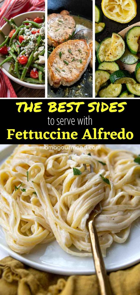 Looking for what to serve with fettuccine alfredo? Whether you're planning a family meal, hosting company, or meal planning, here you will find the best fettuccine alfredo side dishes. This complete recipe collection of vegetables, salads, breads, and meats also comes with expert tips for serving, storing, and reheating! What To Serve With Fettuccine Alfredo, Chicken Alfredo Side Dishes, Sides For Chicken Alfredo, Best Fettuccine Alfredo, Fettuccine Sauce, Mamagourmand Recipes, Fetuchini Alfredo, Fettucini Alfredo Recipe, Fetuccini Alfredo