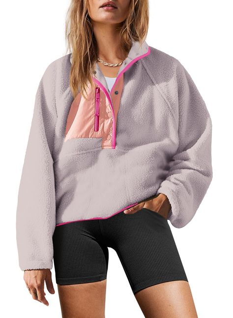 PRICES MAY VARY. Super soft fleece material, soft fluffy fleece fabric, comfortable and skin-friendly, makes you have a cute look, easy to match and wear it comfortable FASHION DEISGN: The button down sherpa pullover is very comfortable and loose to wear and you won't feel tight in it. It is made with soft fabric, nylon patches; zipper pockets; quarter-button closure, elastic cuffs, making it more comfy against the skin, can be worn next to your skin, you will never want to take it off. Features Free People Sherpa Jacket, Preppy Long Sleeve Tops, Chritmas Wishlist 10-11, Christmas List Clothes, Fleece Outfit Women, Preppy Athleisure, Sweaters Preppy, Amazon Finds Clothes, Fuzzy Jackets