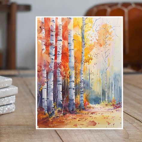 This watercolor card captures the vibrant beauty of an autumn birch forest, with golden and red leaves creating a warm and inviting woodland scene, perfect for bringing the charm of fall into any space. Handmade Stationary Each card features a high-quality print of the original watercolor artwork. Cards * folded with blank interiors * 4.25 by 5.5 inches in size * white cover stock * matching white envelopes ---------------------------------------------------------------------------------------------- IMPORTANT Shipping Details: We ship out orders on the same day or the next. Orders received during weekends will be sent out on the next working day. Please Be Aware: Orders not sent Priority mail are all sent as 1st class mail, and will not be sent with a tracking option. These are mailed thr Autumn Tree Watercolor, Autumn Birthday Cards, Halloween Watercolor Cards, Thanksgiving Watercolor Cards, Watercolor Fall Paintings, Fall Tree Watercolor Painting, Autumn Watercolor Paintings, Basic Watercolor Painting, Fall Watercolor Paintings