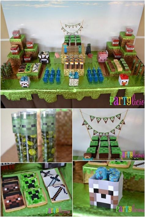 Minecraft Party Ideas Minecraft Themed Party, Minecraft Cupcakes, 9th Birthday Party, Bday Stuff, Minecraft Birthday Cake, Minecraft Theme, Birthday Party Desserts, Party Dessert Table, Minecraft Birthday Party