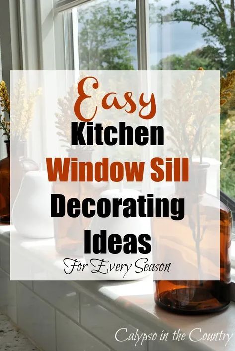 Easy Kitchen Window Sill Decorating Ideas for Every Season Bay Window Sill Decor, Kitchen Bay Window Decor, Kitchen Window Plants Ideas, Plants In Kitchen Window, Fall Kitchen Window, Decorate Window Sill, Kitchen Window Sill Ideas, Kitchen Window Sill Decor, Plants On Window Sill