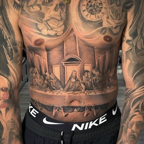 The Last Supper Tattoo, Mens Stomach Tattoo, Best Stomach Tattoos, Stomach Tattoo Ideas, Jesus Tattoo Sleeve, Stomach Tattoos For Guys, Full Chest Tattoos, Black Men Tattoos, Stomach Tattoo