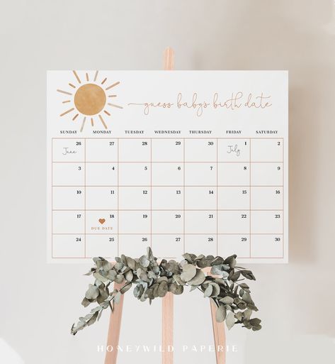 Neutral Boho Sun Baby Shower Guess Baby Due Date Earthy Baby - Etsy Australia Guess The Due Date Calendar, Baby Sprinkle Games, Baby Due Date Calendar, Due Date Calendar, Beach Baby Showers, Baby Due Date, Sunshine Baby Showers, Baby Due, Palette Design