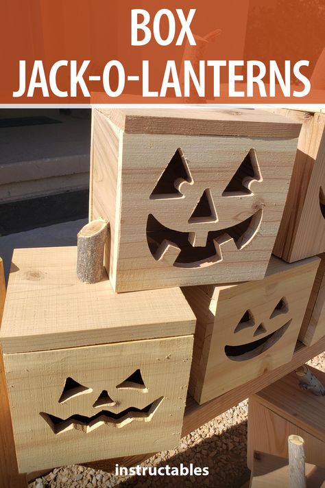 Halloween Wood Working Projects, Wooden Pumpkin Lanterns Diy, Wooden Jackolantern Diy, Pumpkin Boxes Wooden, Lantern Box Ideas, Halloween Wood Lanterns Diy, Wooden Jack O Lantern Faces, Diy Wood Jack O Lantern, Halloween Flower Boxes