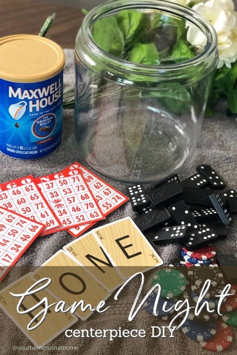 BINGO! We play games a lot at my house! It's a fact. We have an octagon-shaped game table that is witness to hours and hours of family fun! However; when we aren't playing games, that table looks empty. With an idea and a few discarded game pieces, a game night centerpiece was born. See the easy DIY project here... Game Night Table Decor, Bingo Centerpiece Ideas, Bingo Party Decorations, Game Night Table, Night Table Decor, Bingo Party, Centerpiece Diy, Board Game Pieces, Shape Games