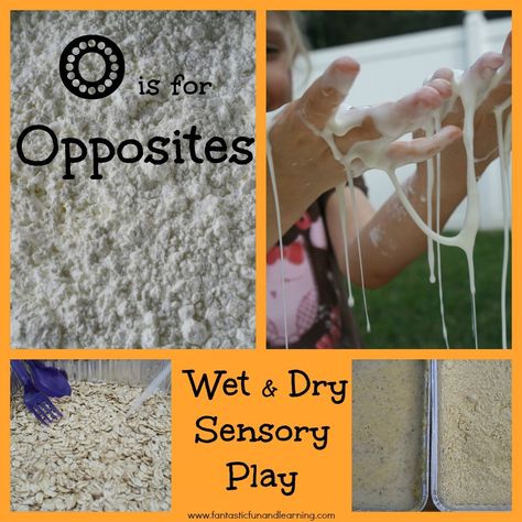 O is for Opposites: Wet and Dry Sensory Play from Fantastic Fun and Learning Opposites Preschool, Letter O Activities, Sensory Tubs, Kids Sensory, Preschool Science, Tot School, Sensory Bins, Sensory Activities, Sensory Play