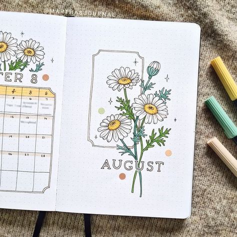 Month Art Journal, Bujo Flower Theme Cover, Bujo Daisy Theme, Bujo Spring Theme, May Bujo Theme Ideas, Easy Bujo Themes, August Planner Ideas, Summer Bujo Themes, Bujo August Cover